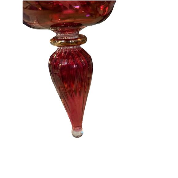 Vtg Art Glass Handblown Finial Cranberry Gold Etched Flowers Christmas Ornament